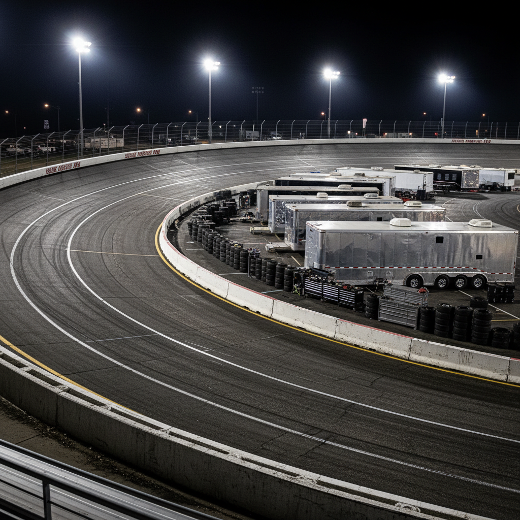 A nighttime photographic scene of a California short oval speedway illuminated by powerful floodlights, highlighting the richly textured asphalt, bright white lane markings, and weathered concrete SAFER barriers. In the infield, multiple race trailers, tool chests, and neatly organized tire stacks form a busy yet structured paddock, all devoid of people. The lighting creates sharp reflections on metallic surfaces and deep, dramatic shadows beneath equipment, contributing to a charged, anticipatory atmosphere. Shot from a slightly elevated corner of the grandstands using a wide-angle lens, the composition showcases the full curve of the track and the prepared pit area, conveying the intensity and professionalism of grassroots and regional motorsports events in California.
