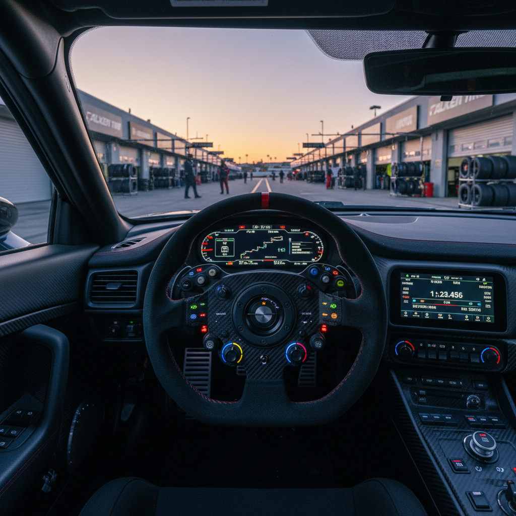 A meticulously detailed dashboard and steering wheel of a modern GT race car, photographed from the cockpit looking out toward a California road course pit lane at dawn. The suede-covered steering wheel is laden with colorful backlit buttons and rotary switches, while a bright digital display shows lap times and telemetry. Beyond the windshield, pit garages with clean signage and neatly stacked tire sets appear slightly blurred. Cool, early morning light mixes with the soft glow of the digital displays, creating a balanced, tech-forward atmosphere. The composition uses a centered, driver’s-eye perspective to immerse the viewer in the racing environment, emphasizing precision engineering and professional motorsports preparation.
